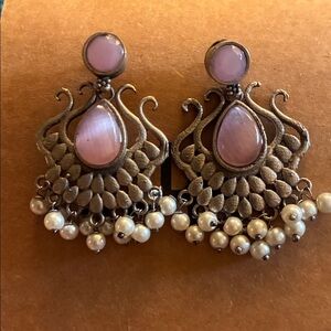 Elegant Silver and Pink Stone Earrings with Pearls